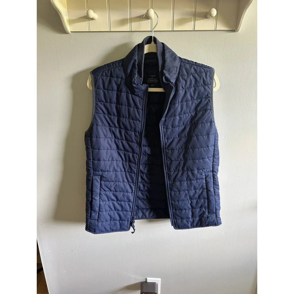 J.Crew Mens Navy Blue Quilted Puffer Vest Full Zip Ribbed Collar Small